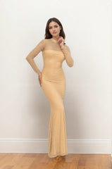 Robe longue sirène à col montant et manches longues - entièrement ornée de strass – Robe cristalline brillante | Dressie Dress