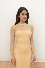 Robe longue sirène à col montant et manches longues - entièrement ornée de strass – Robe cristalline brillante | Dressie Dress