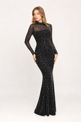 Robe longue sirène à col montant et manches longues - entièrement ornée de strass – Robe cristalline brillante | Dressie Dress