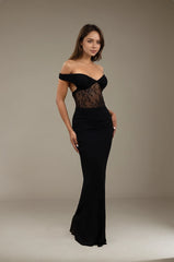 Robe longue épaules dénudées avec bustier en dentelle transparente et jupe fluide ajustée – Robes de fête | Dressie Dress