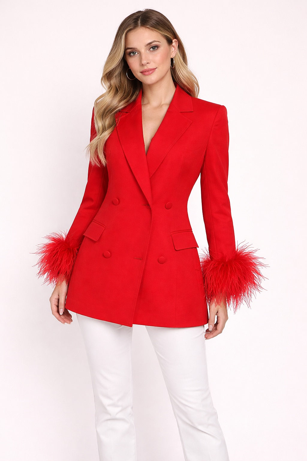 Femme Veste blazer croisée cintrée à col tailleur - décolleté V profond et poignets à plumes | Dressie Dress - Dressie Dress