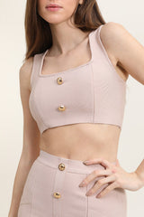 Ensemble bandage top sans manches à col carré et jupe crayon mi-cuisses boutonnée devant | Dressie Dress