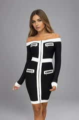 Robe bandage courte à épaules dénudées zip central et empiècements contrastés avec fausses poches zippées | Dressie Dress