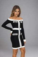 Robe bandage courte à épaules dénudées zip central et empiècements contrastés avec fausses poches zippées | Dressie Dress