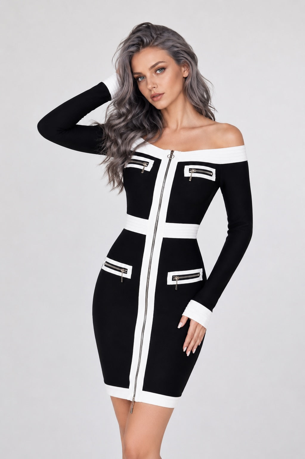 Robe bandage courte noire Dressie Dress à épaules dénudées, zip central et empiècements contrastés avec fausses poches zippées