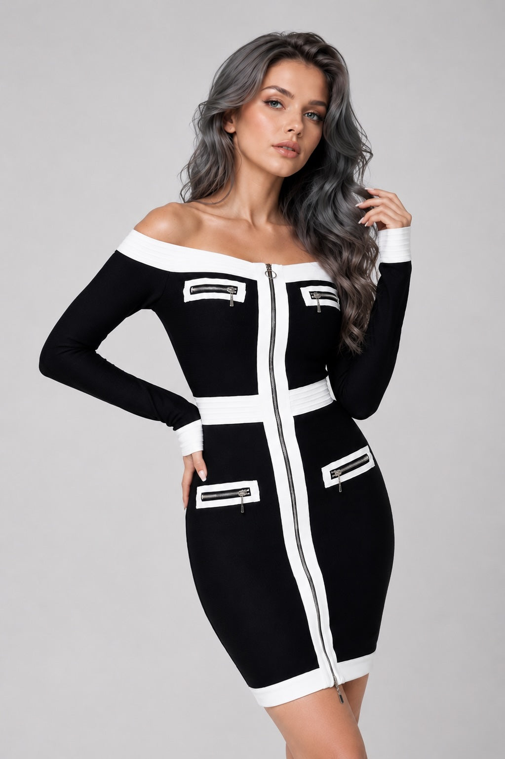 Robe courte bandeau à épaules dénudées, zip central et empiècements contrastés, fausses poches zippées, Dressie Dress.