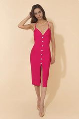 Robe bandage mi-longue moulante à bretelles fines décolleté V dos nu à liens boutons bijoux et fente devant | Dressie Dress