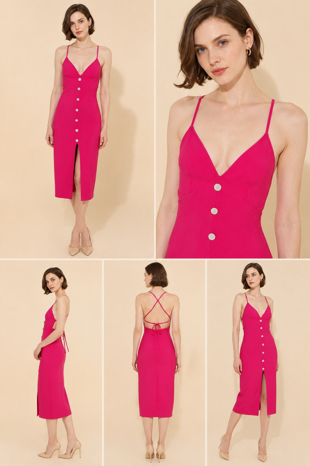 Robe bandage mi-longue à bretelles fines, décolleté en V, dos nu, fente avant, boutons bijoux, marque Dressie Dress.