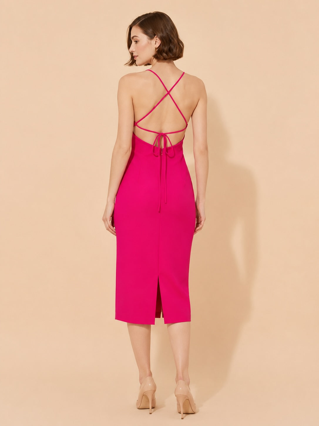 Robe bandage mi-longue moulante à bretelles fines, décolleté en V, dos nu avec liens boutons bijoux et fente devant, Dressie Dress