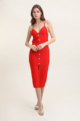 Robe bandage mi-longue moulante à bretelles fines décolleté V dos nu à liens boutons bijoux et fente devant | Dressie Dress