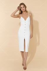 Robe bandage mi-longue moulante à bretelles fines décolleté V dos nu à liens boutons bijoux et fente devant | Dressie Dress