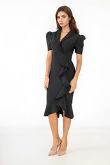 Robe bandage mi-longue à décolleté croisé manches bouffantes et volant diagonal flatteur – Coupe gainante qui affine la taille | Dressie Dress