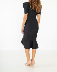 Robe bandage mi-longue à décolleté croisé manches bouffantes et volant diagonal flatteur – Coupe gainante qui affine la taille | Dressie Dress