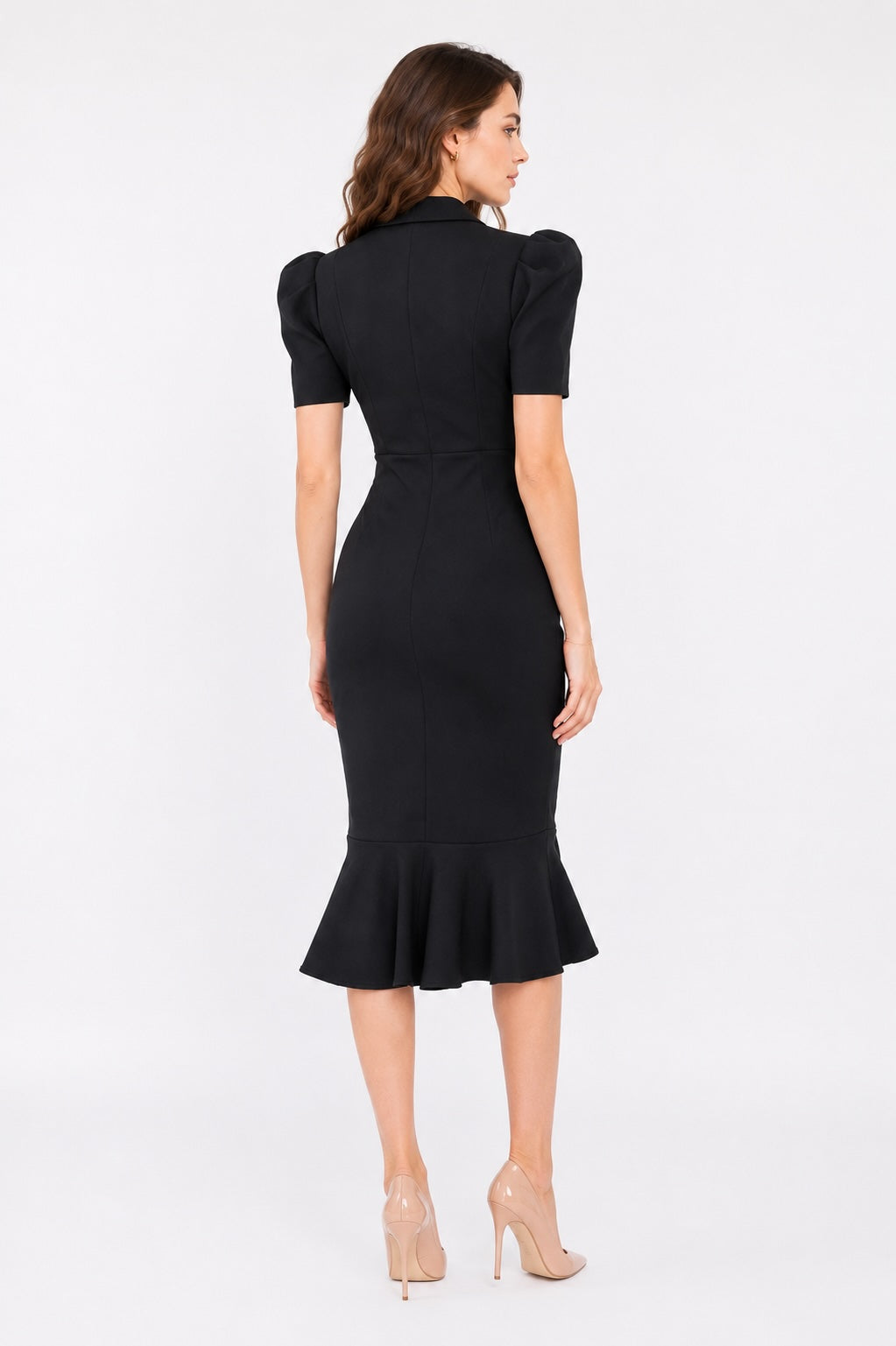 Robe bandage mi-longue à décolleté croisé, manches bouffantes et volant diagonal, coupe gainante pour affiner la taille, Dressie Dress