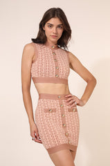 Ensemble bandage top court sans manches + jupe courte taille haute en maille jacquard boutons métal décoratifs – Coupe moulante | Dressie Dress