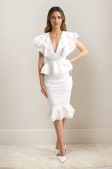 Women's Deep V-Neck Shaping Bandage Dress - Ruffled Sleeves + Ruffled Pebble and Mermaid Hem | Dressie Dress