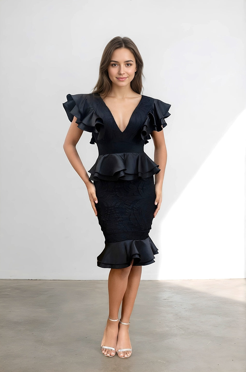 Women's Deep V-Neck Shaping Bandage Dress - Ruffled Sleeves + Ruffled Pebble and Mermaid Hem | Dressie Dress