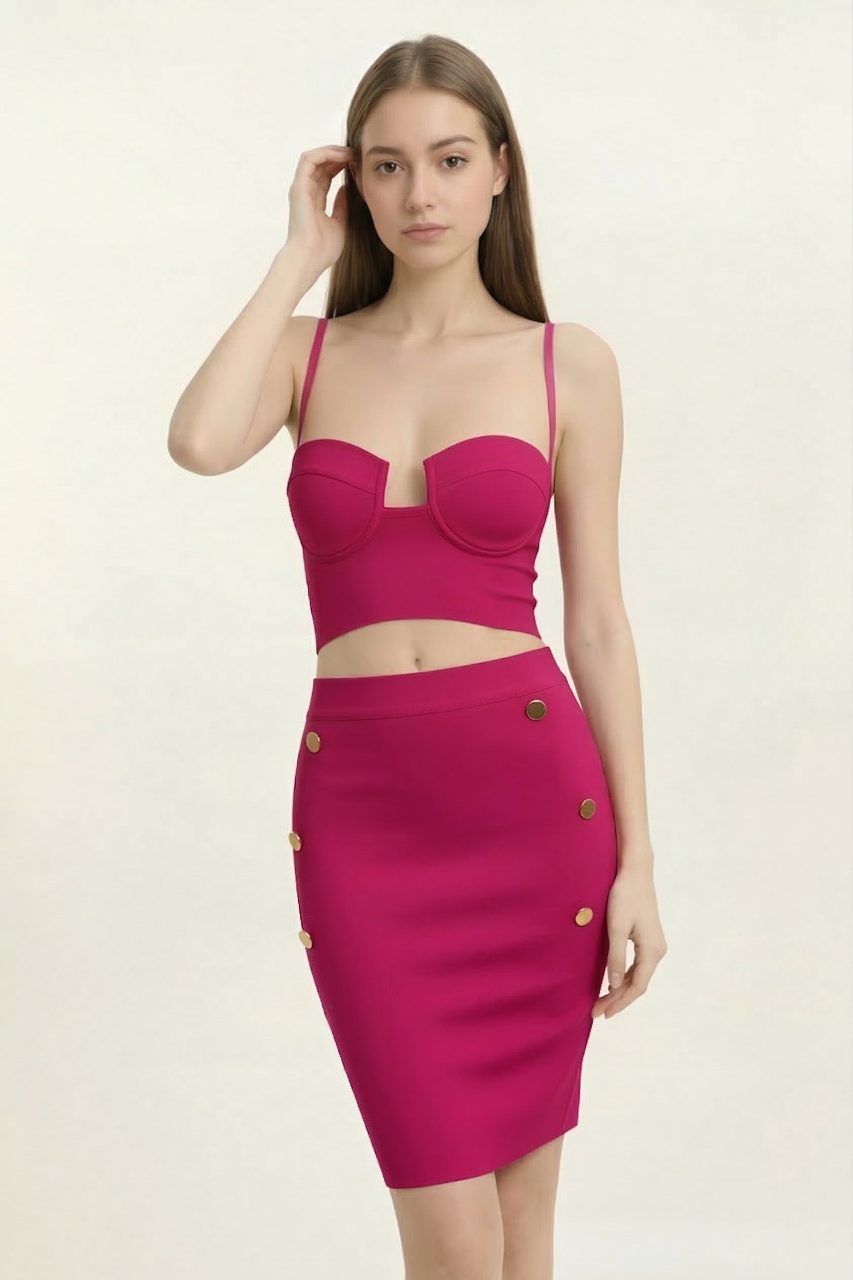 Ensemble femme bandage court bleu royal à fines bretelles avec jupe moulante, taille découpée, de la marque Dressie Dress