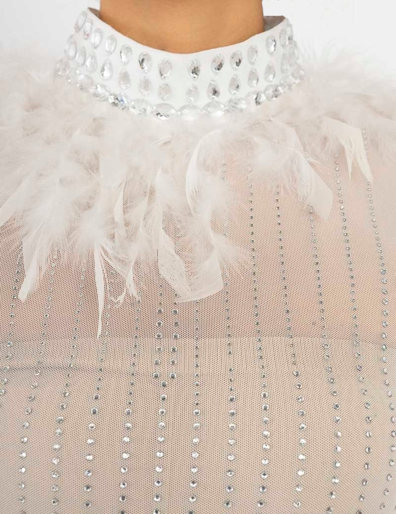 Robe fourreau midi transparente avec strass verticaux en tulle, manches longues et col plumeux, glamour par Dressie Dress