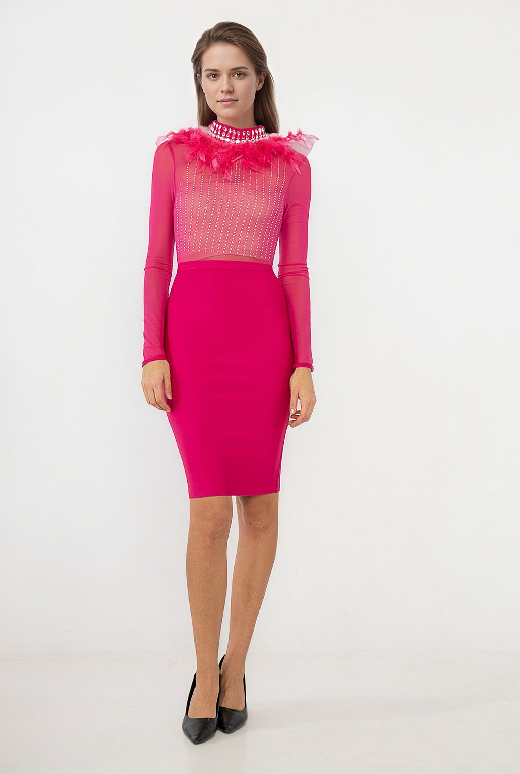 Robe fourreau midi haut transparent à strass verticaux en tulle manches longues-col plumeux glamour | Dressie Dress