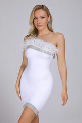 Femme Robe bandage courte moulante bustier avec plumes et bande strassée | Dressie Dress