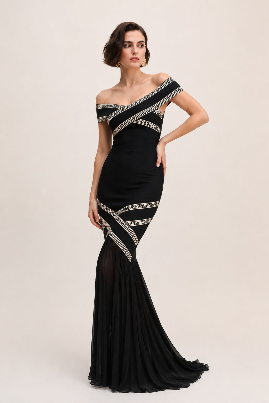Long, off-the-shoulder, mermaid-style bandage dress with decorative cr – Dressie Dress