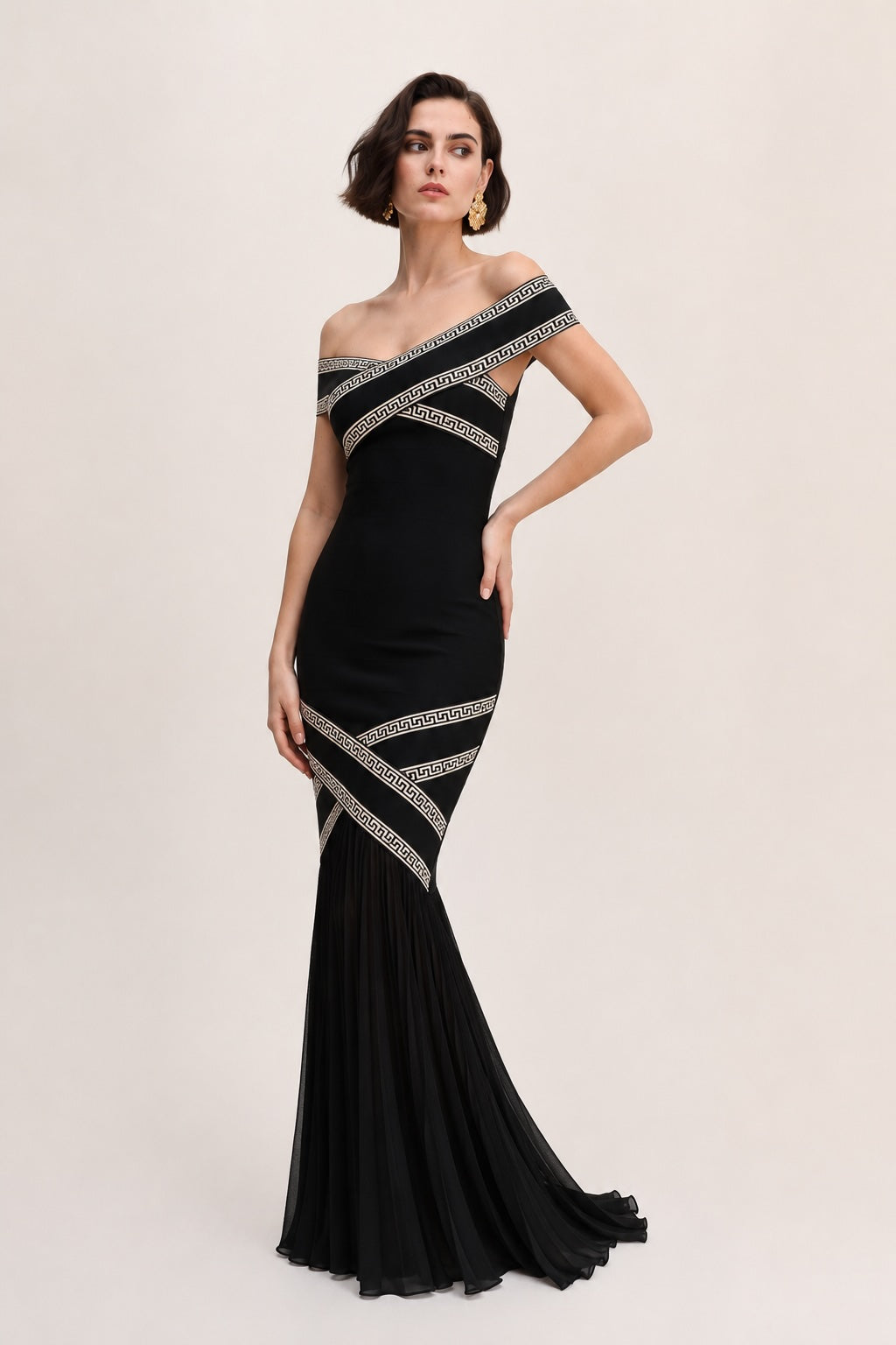Long, off-the-shoulder, mermaid-style bandage dress with decorative cr – Dressie Dress