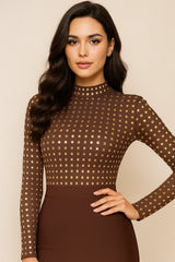 Robe bandage mi-longue moulante avec haut en résille transparente et clous scintillants | Dressie Dress