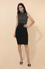 Robe bandage noire midi haut transparent décoré de strass carrés et jupe crayon taille haute | Dressie Dress