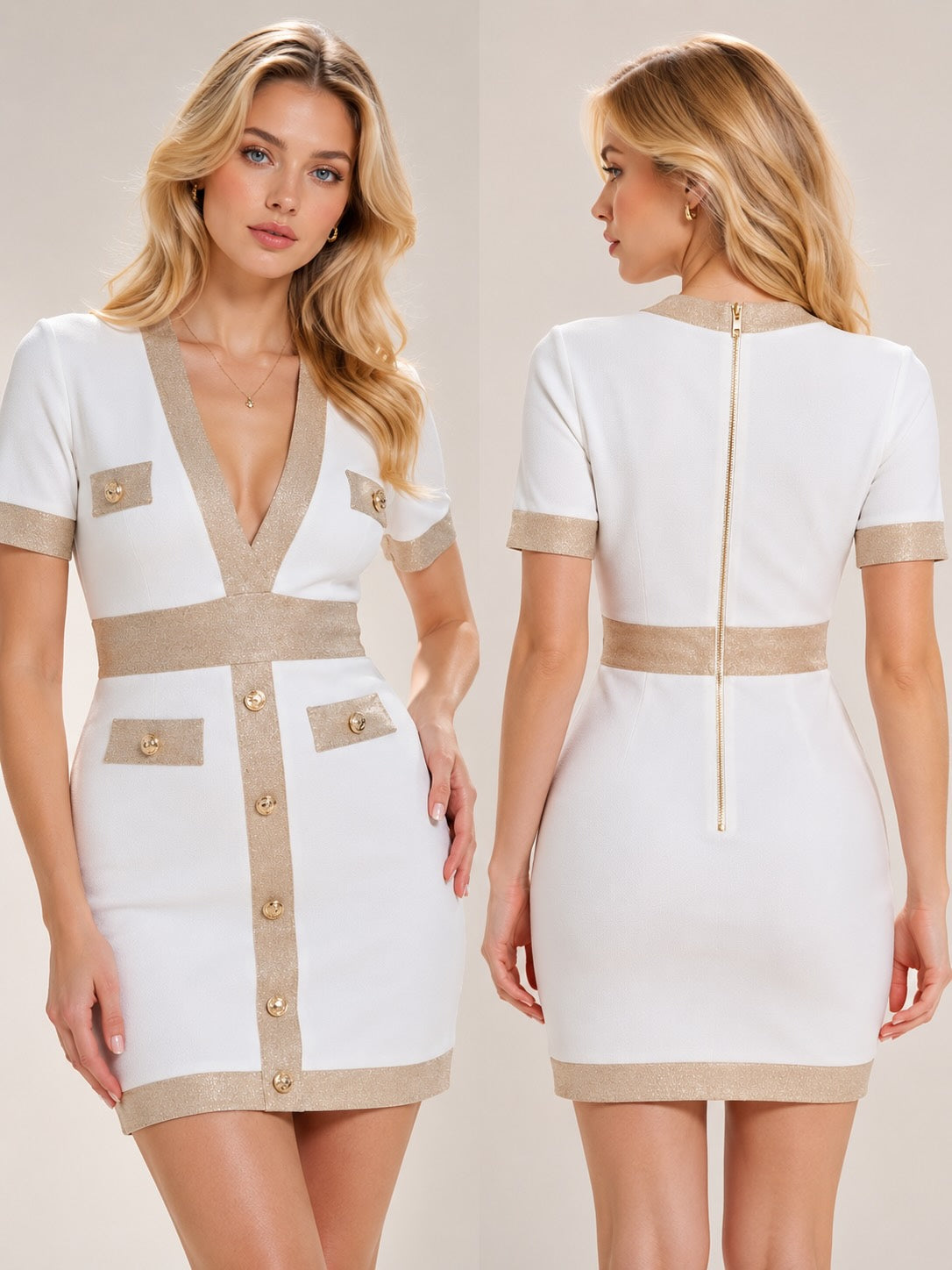 Robe bandage courte blanche Dressie Dress avec décolleté en V profond, manches courtes et détails de boutons décoratifs.
