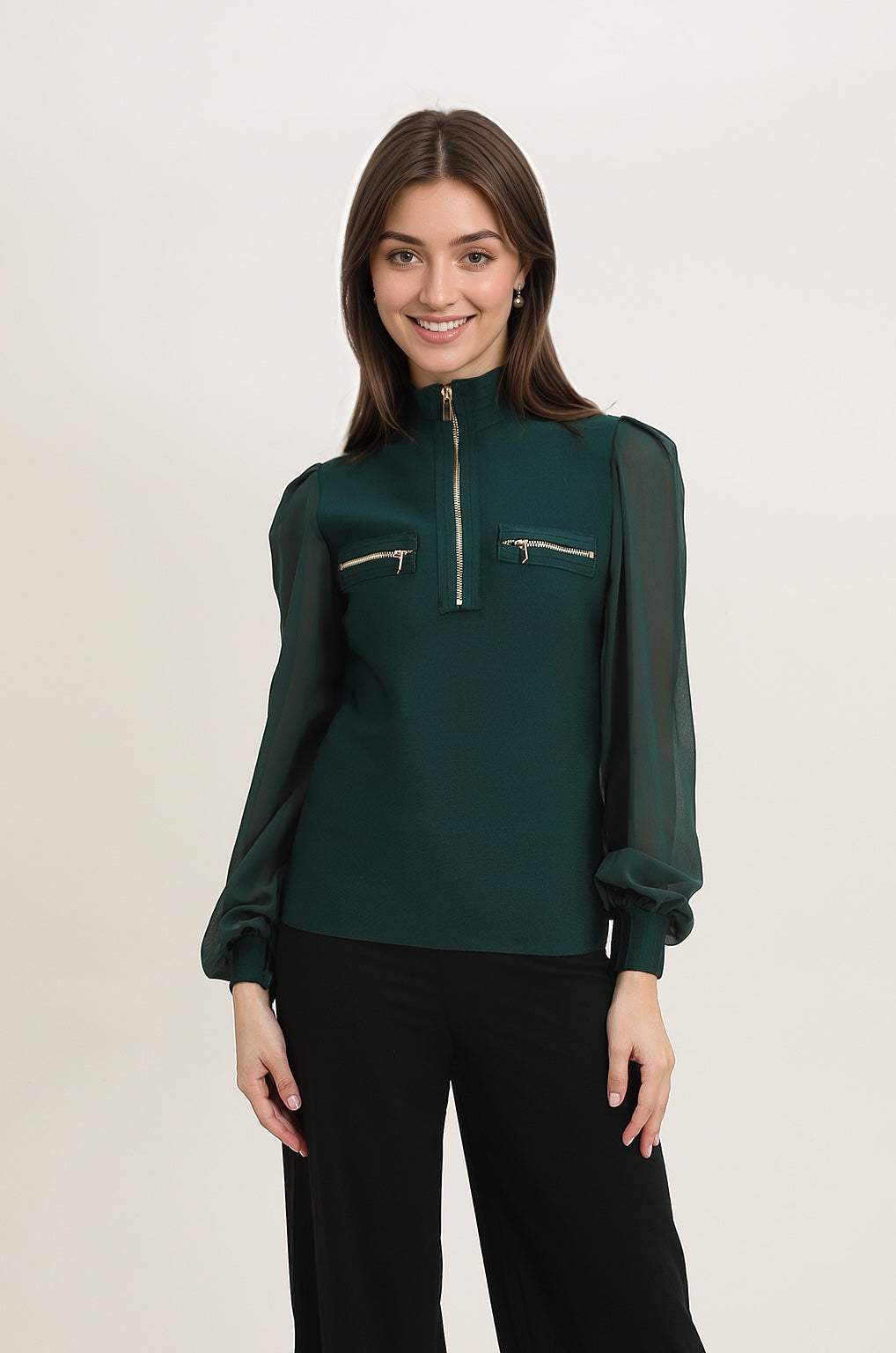 Femme Top ajusté à col montant zippé avec manches longues en voile et poches poitrine zippées | Dressie Dress