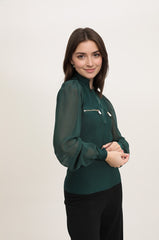 Femme Top ajusté à col montant zippé avec manches longues en voile et poches poitrine zippées | Dressie Dress