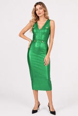Robe bandage midi verte sans manches avec décolleté en V, boutons dorés, coupe moulante, fabriquée par Dressie Dress.