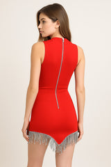 Robe bandage courte moulante sans manches à col montant avec ourlet à franges strass | Dressie Dress