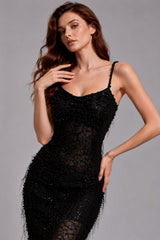 Femme Robe de fête longue en tulle brodé de sequins avec chaînes de perles et fente dos – Robe brillante | Dressie Dress