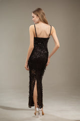 Femme Robe de fête longue en tulle brodé de sequins avec chaînes de perles et fente dos – Robe brillante | Dressie Dress