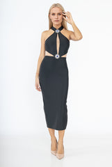 Robe midi bandage avec col tour de cou profonde ouverture en tulle et découpes latérales ornée de médaillons strass | Dressie Dress