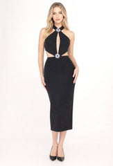 Robe midi bandage avec col tour de cou profonde ouverture en tulle et découpes latérales ornée de médaillons strass | Dressie Dress