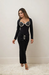 Figurbetontes Bandagenkleid für Damen mit langen Ärmeln, Strass-Herzausschnitt, Raffungen in der Taille und zentralem Schmuckstein – Elegantes Kleid | Dressie Dress