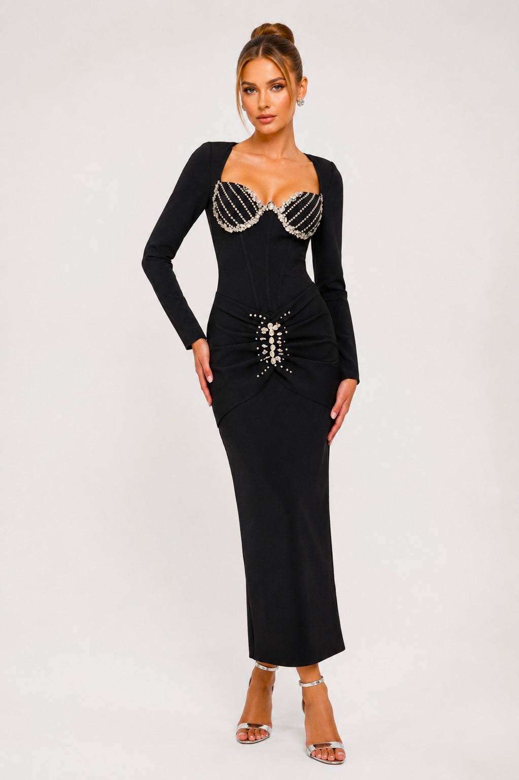 Women's Bodycon Bandage Dress with Long Sleeves, Rhinestone Sweetheart – Dressie Dress