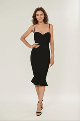 Robe bandage noire à décolleté cœur fines bretelles et ourlet sirène volanté – Style élégant et sexy longueur mi-longue | Dressie Dress