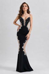 Robe longue sirène femme Dressie Dress en tulle avec bustier décolleté cœur, découpes côtés et strass, style bandage élégant.