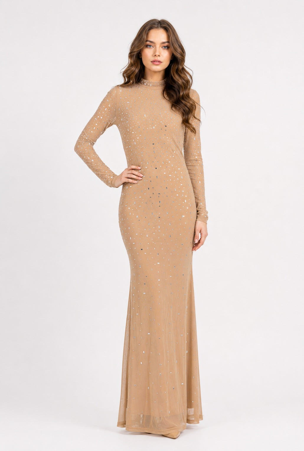Femme Robe cristalline brillante longue col montant et manches transparentes & strass dispersés sur toute la robe | Dressie Dress