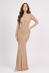 Femme Robe cristalline brillante longue col montant et manches transparentes & strass dispersés sur toute la robe | Dressie Dress