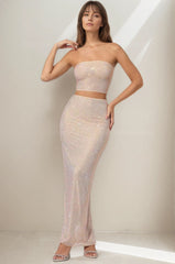 Ensemble de fête 2 pièces top bandeau entièrement strassé & jupe longue fendue taille haute | Dressie Dress