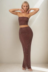 Ensemble de fête 2 pièces top bandeau entièrement strassé & jupe longue fendue taille haute | Dressie Dress