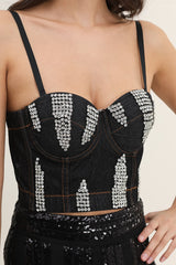Femme Top bustier effet denim à bretelles fines - bonnets structurés et strass placés | Dressie Dress