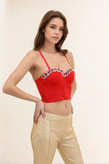 Femme Top bustier court rouge à fines bretelles bonnets cœur ornés de strass et perles – Style sexy et glamour | Dressie Dress