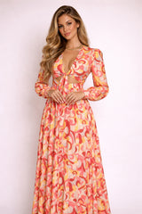 Robe longue pour femme Dressie Dress avec décolleté plongeant, imprimé floral, manches longues, nœud devant, jupe plissée et fente.