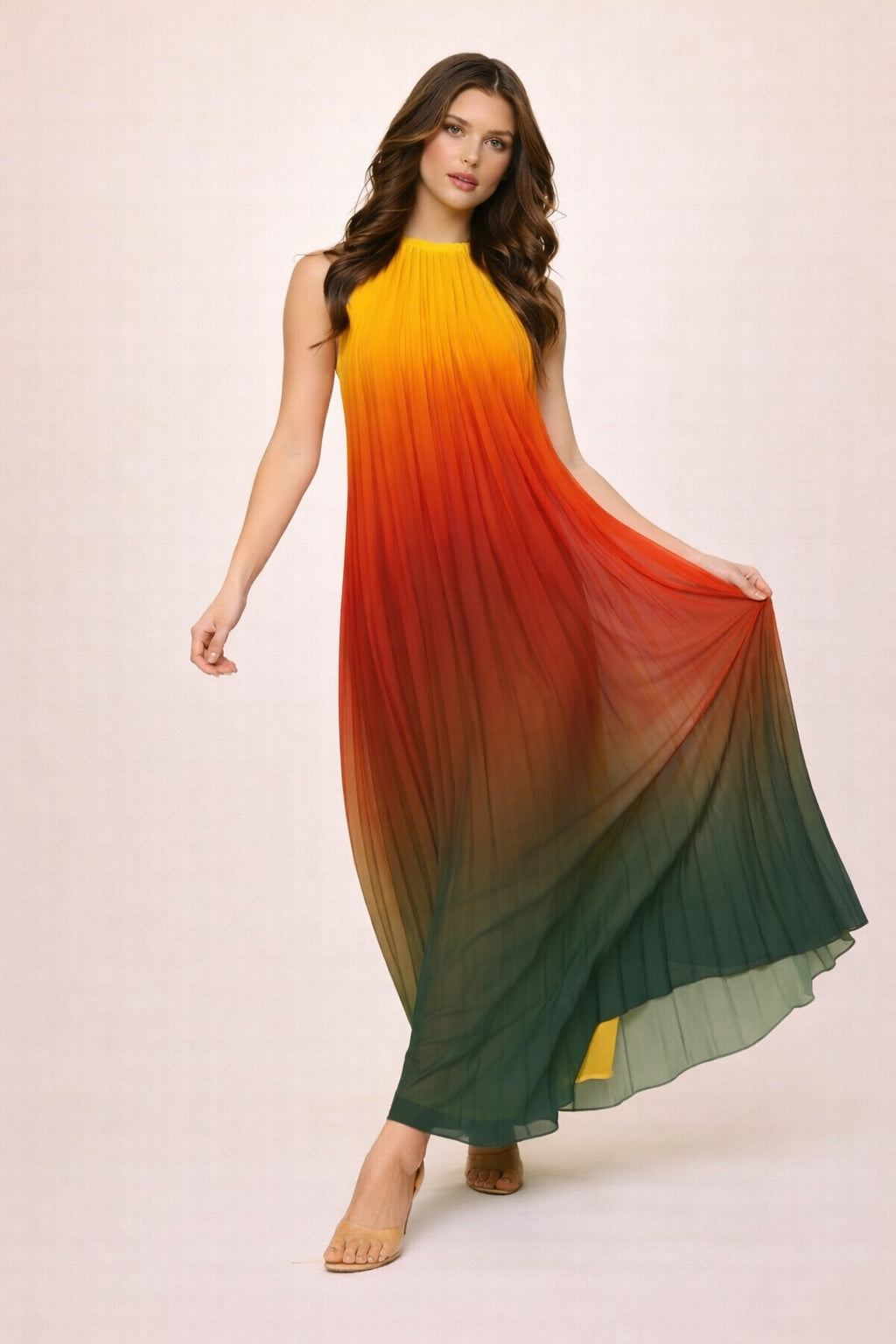 Robe longue imprimée dégradée pour femme, encolure halter, épaules dégagées, coupe plissée ample, marque Dressie Dress